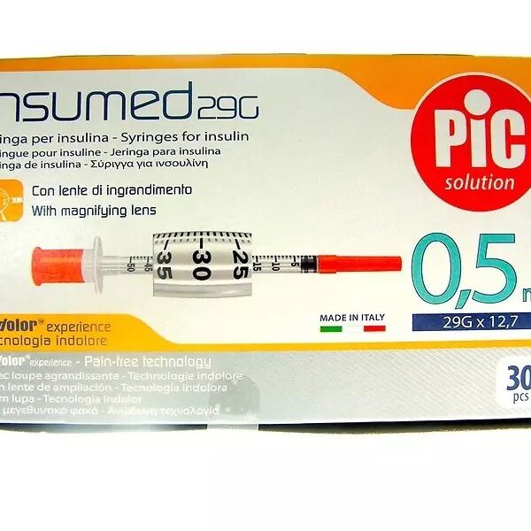 Insumed 0.5 ml insulin syringes with 29G needle (0.33 x 12.7 mm). Box of 30